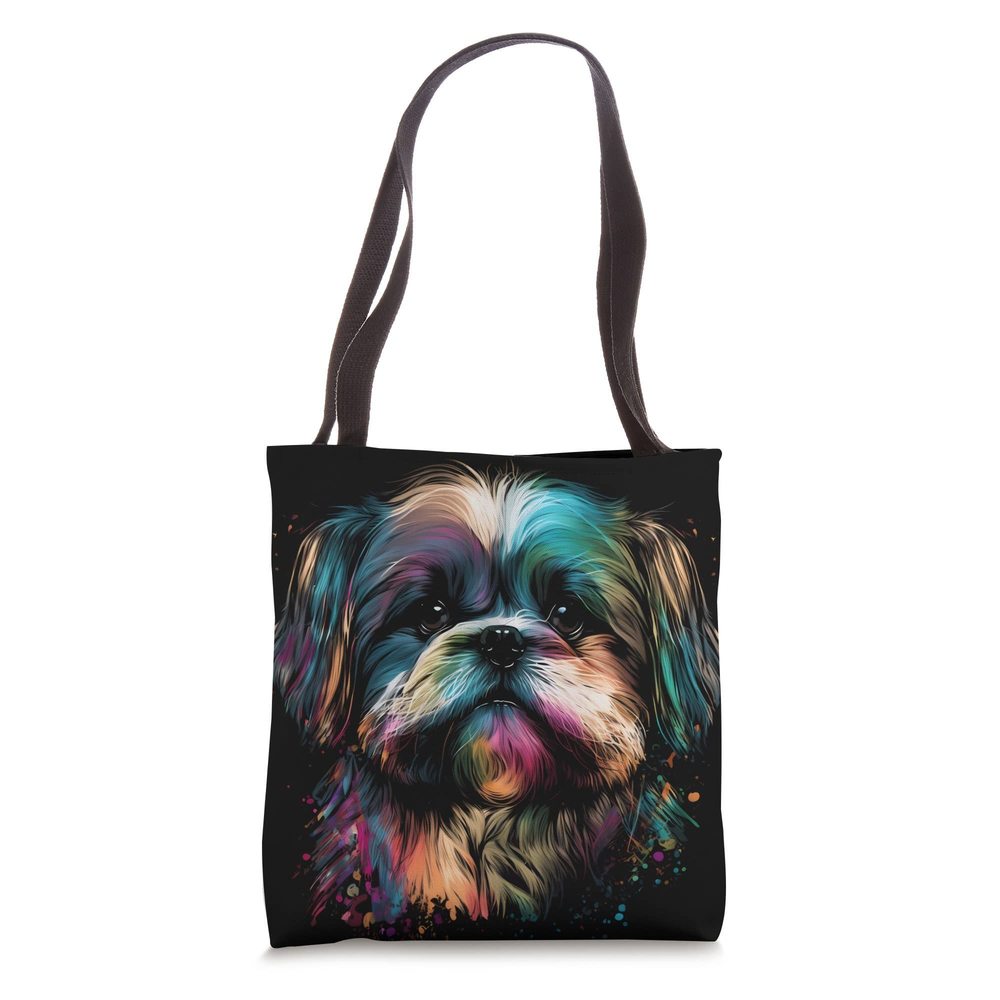 Shih Tzu Face Dog Art Funny Colorful Rainbow Color Black Tote Bag :')